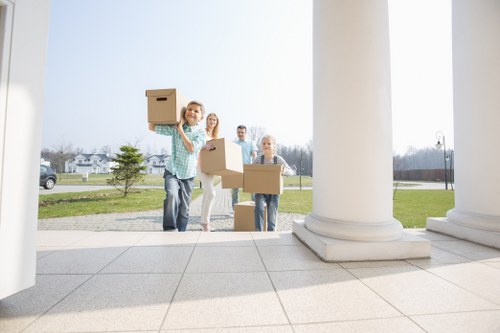 Office relocation scene with equipment and desks prepared for removals